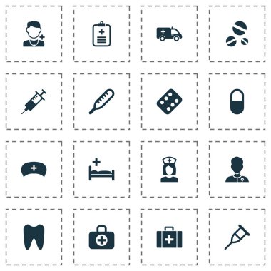 Uyuşturucu simgeler Kliniği, yardım, doktor ve diğer Pelet öğeleri ile ayarlayın. İzole vektör çizim uyuşturucu simgeler.