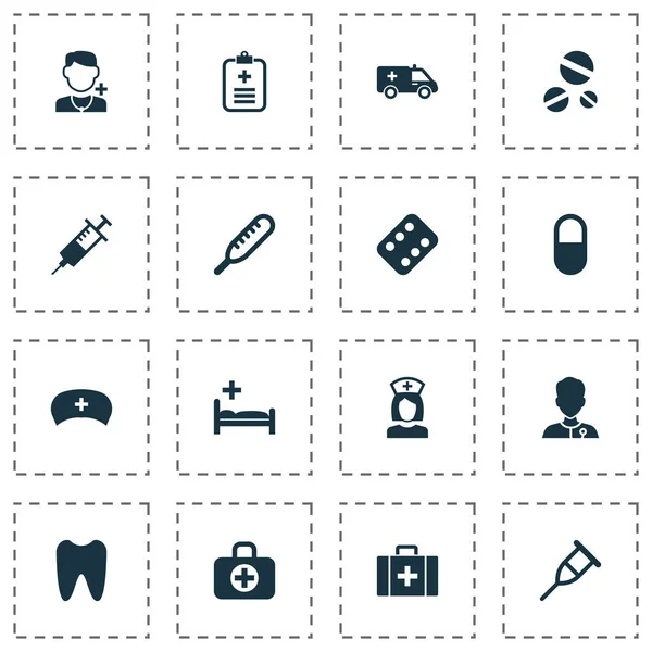 Drog ikony sada s kliniky, pomoci, zdravotník a další prvky, pelety. Izolované vektorové ilustrace lék ikony. — Stockový vektor