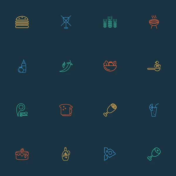 Icone nutrizionali in stile linea con spilla del ristorante, zucchero, barbecue e altri elementi cheddar. Isolate icone nutrizionali vettoriali illustrazione . — Vettoriale Stock