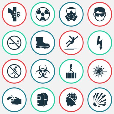 Emanet simgeler Kaynakçı, biyo-tehlike, değil çalışan ve diğer radyasyon öğeleri ile ayarlayın. İzole illüstrasyon Emanet simgeler.