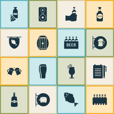 Ale üye, kaçak içki, bira kutusu ve diğer ton balığı öğeleri pizza ile alkol simgeler kümesi. İzole resimde alkol simgeler.