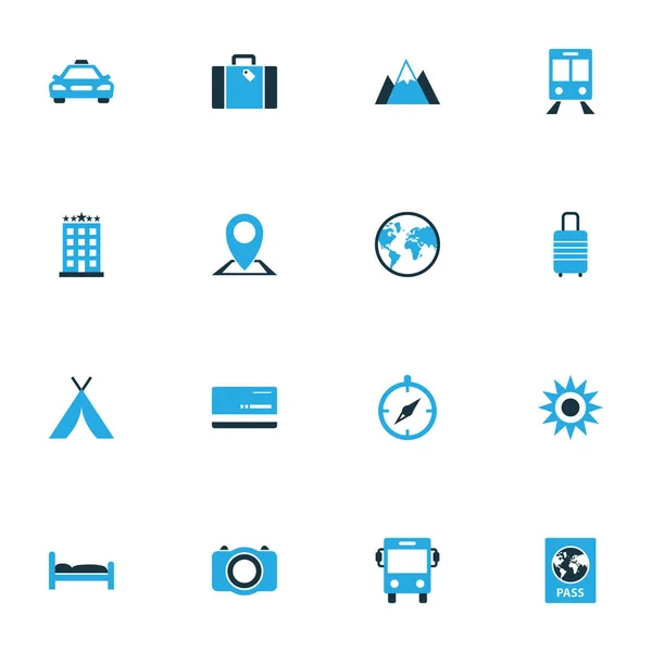 Exploration Icons farbige Set mit Landschaft, Stand, sonnigen Kompass-Elemente. Ikonen der isolierten Illustration. — Stockfoto