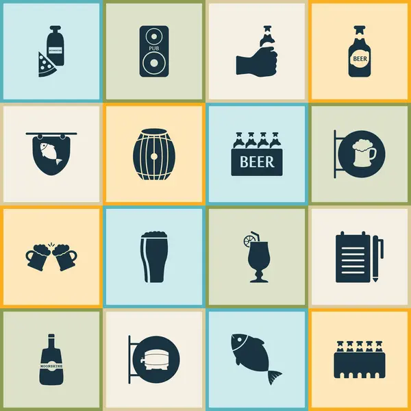 Conjunto de iconos de alcohol con letrero de cerveza, pizza con aguardiente de luna, caja de cerveza y otros elementos de atún. Iconos aislados de alcohol ilustración . —  Fotos de Stock