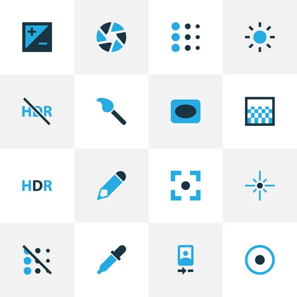 Afbeeldingspictogrammen gekleurde set met Pipet, hdr, sluitertijd en andere hdr uit elementen. Geïsoleerde illustratie afbeeldingspictogrammen. — Stockfoto