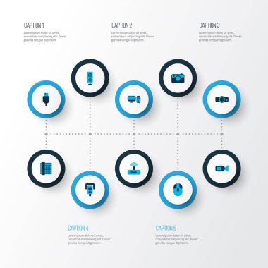 Aygıt simgelerini görüntü denetimi, hoparlör, modem ve diğer sunum elemanları ile set renkli. İzole vektör çizim Aygıt simgeleri.