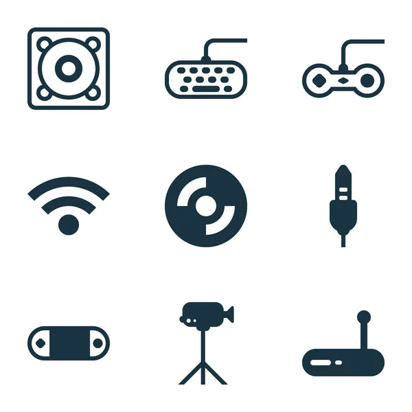 Hardwarové ikony nastavit video kamera, wifi, audio kabely a jiné počítačové klávesnice prvky. Izolované vektorové ilustrace hardwaru ikony. — Stockový vektor