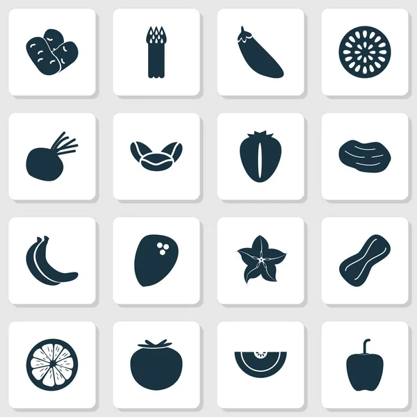 Їжа іконки, встановлені з болгарським перцем, арахісом, квасолею та іншими елементами лайма. Ізольовані Векторні ілюстрації їжі піктограми . — стоковий вектор