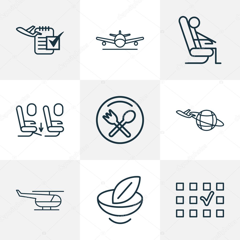 Travel icons line style set with landing plane, restaurant sign, flight date plane chair elements. Isolated vector illustration travel icons.