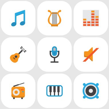 Ses simgeler düz stil öğeleri müzikal, mikrofon, sessiz ve diğer karaoke ayarlayın. İzole vektör çizim ses simgeler.