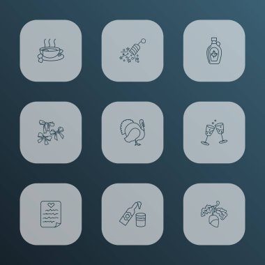 Festival simgeler stil elma şarabı, istek listesi, meşe palamudu ve diğer alkış öğeleri kümesi satır. İzole vektör çizim festival simgeler.