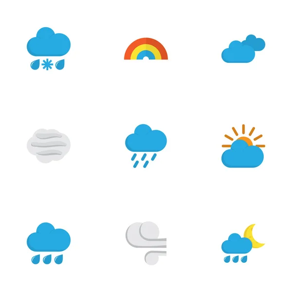 Погодные иконки плоский стиль набор с душем, метель, ветер и другие элементы душа. Изолированные векторные иконки погоды . — стоковый вектор