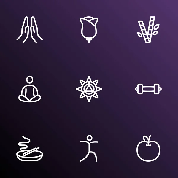 Relax icons line style set with fruit, meditation, bamboo and other yoga pose elements. Isolated vector illustration relax icons.