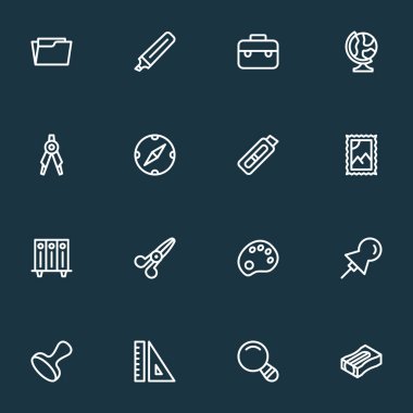 Aracı simge stil klasörünü aç, damga, Büyüteç'i ve diğer ölçüm öğeleri kümesi satır. İzole illüstrasyon aracı simgeler.