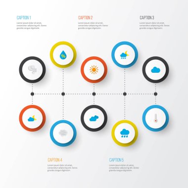 İklim simgeler düz stil kümesi ile bulutlu, Rüzgar, güneşli ve diğer hilal öğeleri. İzole illüstrasyon iklim simgeler.