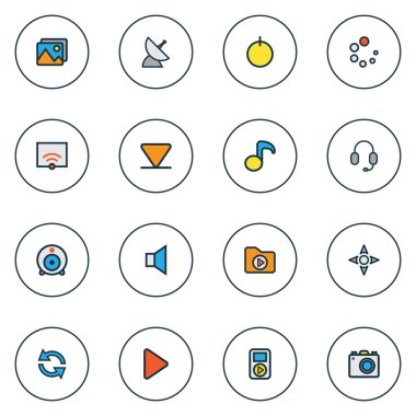 Yükleme, kulaklık, Bağıntı antenler ve diğer medya simgeleri renkli çizgi öğeleri eşitleyin. İzole illüstrasyon medya simgeler.