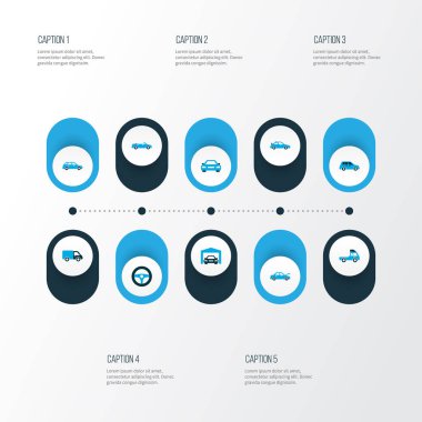 Otomatik simgeler kümesi sürücü kontrolü, Cabrio modeli, hatchback ve diğer çapraz bağlantı elemanları ile renkli. İzole illüstrasyon otomatik simgeler.