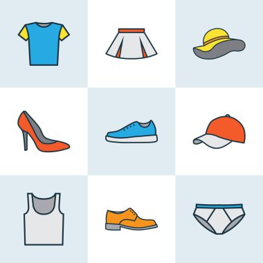 Simgeler renkli çizgi çizme, iç çamaşırı, lastikbotlar ve diğer iç çamaşırı öğeleri ile ayarla giysi. İzole illüstrasyon giysi simgeler.