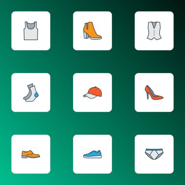 Giysi simgeler ayakkabı, lastikbotlar, Külotlu ve diğer külot öğeleri ile Ayarla satır renkte. İzole şekil kutsal kişilerin resmi elbise.