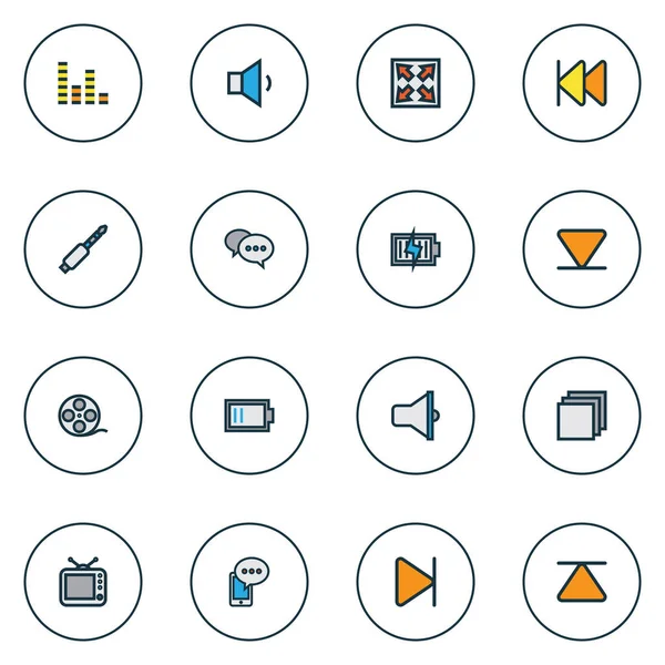 Icônes multimédia ligne colorée réglée avec prise jack, batterie faible, charge et autres éléments de volume vers le bas. Illustration isolée icônes multimédia . — Photo