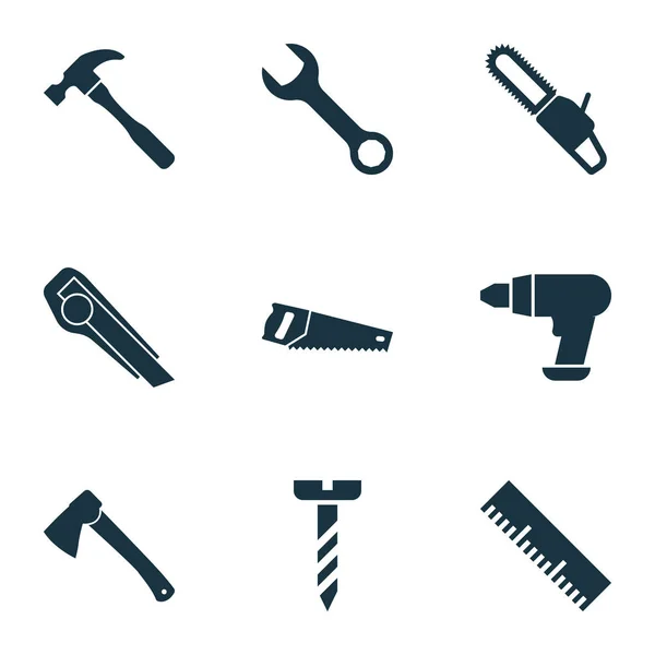 Javítás segédprogram kés, csavarkulcs, fúró és egyéb csavarkulcs készlet ikonok. Elszigetelt illusztráció javítási ikonok. — Stock Fotó