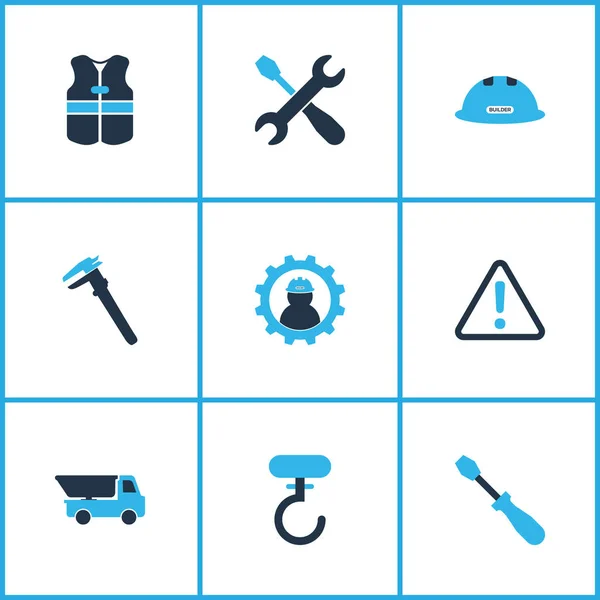 Industry icons colored set with truck, turn-screw, caution and other dumper elements. Isolated  illustration industry icons.