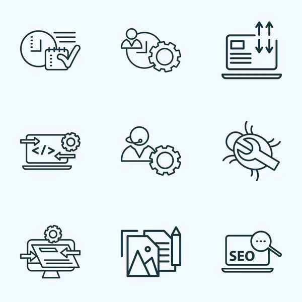 SEO ikoner linje stil set med webbplatsoptimering, tidsplanering, time management och andra operatören element. Isolerade illustration Seo ikoner. — Stockfoto