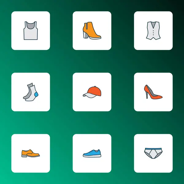 Ikonok ruhákat színes vonal készlet-val cipő, kalocsni, fél-tömlő és egyéb bugyi. Elszigetelt illusztráció ruhák ikonok. — Stock Fotó
