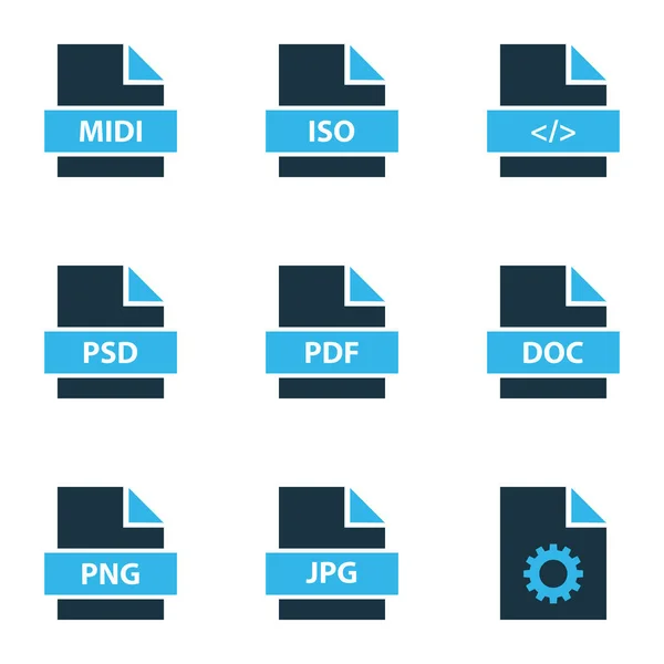 Typen pictogrammen gekleurd set met tekst, PDF-bestand, bestand png en andere elementen van de instelling. Geïsoleerde afbeelding typen pictogrammen. — Stockfoto