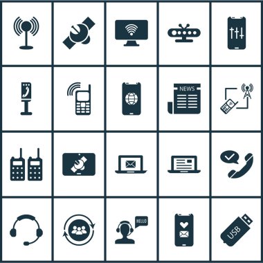 İletişim Icons set erişim noktası ile kule ile telefon, ses ayarı ve diğer kulaklık öğeleri. İzole vektör çizim iletişim simgeler.