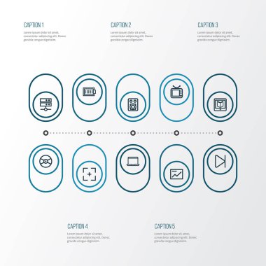 Stil kümesi amplifikatör, tv, dizüstü bilgisayar ile müzik simgeleri hizalayın ve diğer öğeleri bitirmek. İzole vektör illüstrasyon müzik simgeleri.