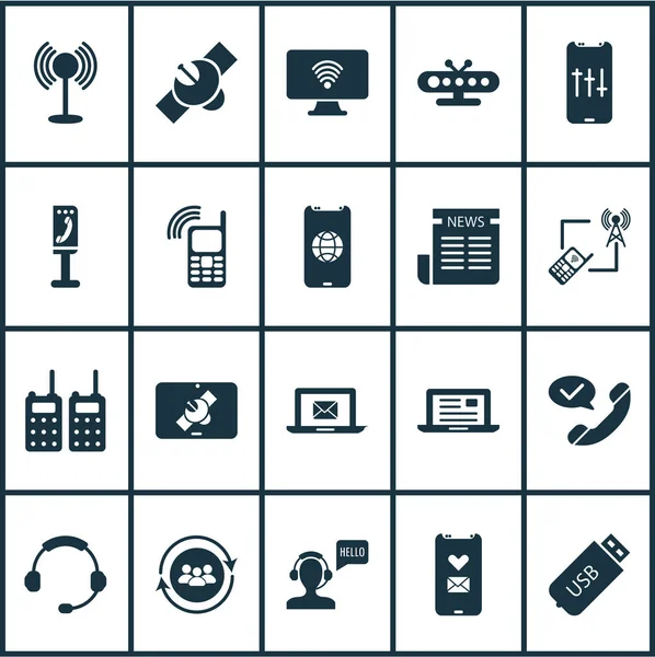 Communication icons set with access point, tower with phone, audio adjustment and other headset elements. Isolated vector illustration communication icons. — Stock Vector