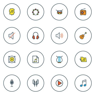 Ses simgelerini renkli çizgi ile radyo, soundtrack ve diğer cilt öğeleri yola çıktık. İzole illüstrasyon ses simgeler.