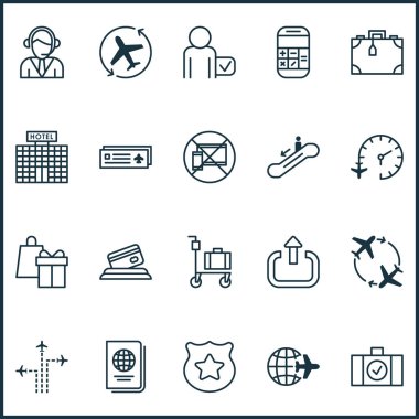 Ulaşım Icons set ile uçuş süresi, yolcu, Bagaj arabası ve diğer hesaplama öğeleri ile. İzole vektör çizim ulaşım simgeler.
