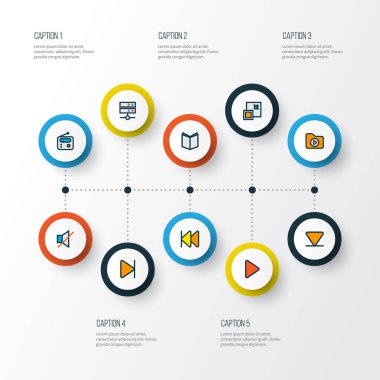 Multimedya simgeler satır aşağı okla ayarlamak, sonunda, ortam sunucusu ve diğer azalma öğeleri renkli. İzole vektör çizim multimedya simgeler.