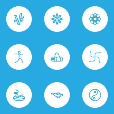 Yoga kutsal kişilerin resmi stil kümesi mandala, yoga çantası, lamba aromaterapi öğeleri satır. İzole vektör çizim yoga simgeler.