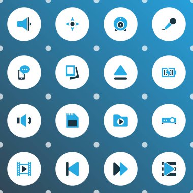 Medya Simgeler Galerisi, projektör, sd kart ve diğer yayın öğeleri kümesiyle renkte. İzole vektör çizim medya simgeler.