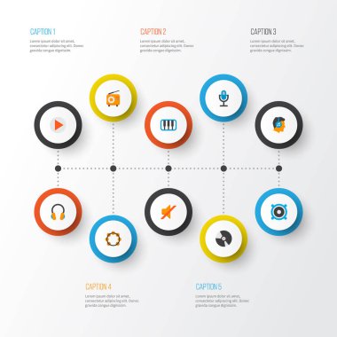 Ses simgeler düz stil kümesi sessiz, samba, dinle ve diğer düğmesini öğeleri. İzole vektör çizim ses simgeler.