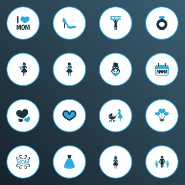 Anneler günü simgesi renkli tasarım konsepti. Mam, ruh ve stiletto 16 gibi öğeleri kümesi. Anne, sevgi ve kalp için güzel sembolleri.