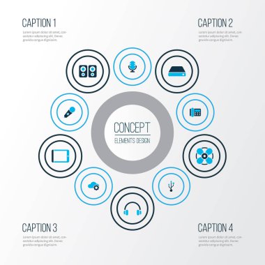 Teknoloji simgeleri tablet, kulaklık, telefon ve diğer hdd öğeleri kümesiyle renkli. İzole vektör çizim teknoloji simgeleri.
