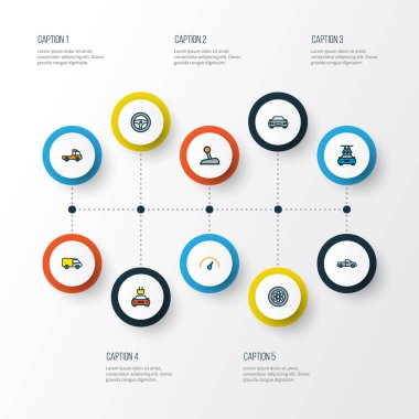 Otomatik simgeler renkli çizgi öğeleri hız göstergesi, direksiyon simidi, vites ve diğer sürücü ayarlayın. İzole vektör çizim otomatik simgeler.