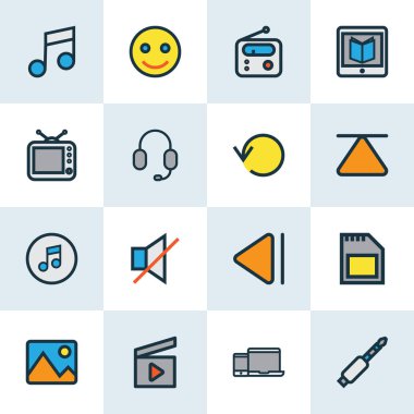 Müzik simgeleri renkli çizgi üst, gadget, radyo ve diğer kulaklık öğeleri ile ayarla. İzole vektör illüstrasyon müzik simgeleri.