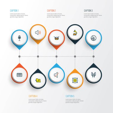 Multimedya simgeler davul, earphones, müzik düzeyi ve diğer kulaklıklar öğeler ile Ayarla satır renkte. İzole vektör çizim multimedya simgeler.