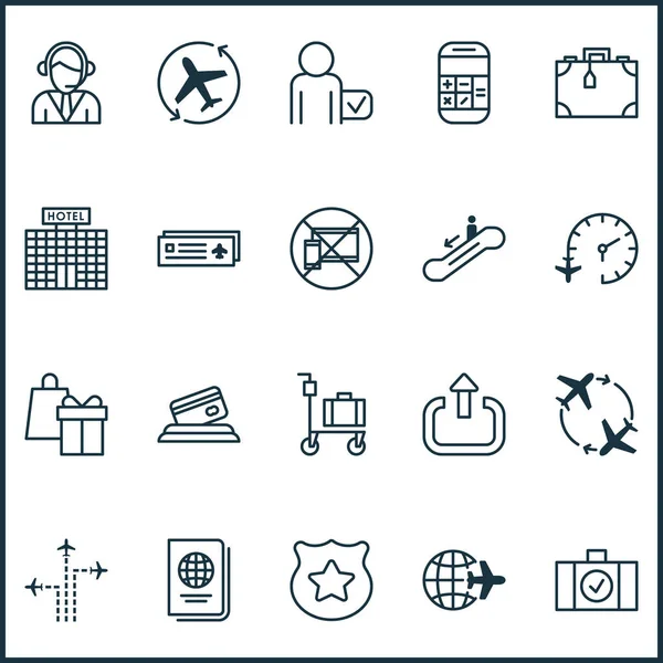 Transportation icons set with flight time, passenger, luggage trolley and other calculation elements. Isolated vector illustration transportation icons. — Stock Vector