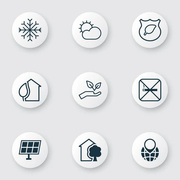 Eco-vriendelijke pictogrammen instellen met globe aanwijzer, zonne-energie, roken en andere huis-elementen Geïsoleerde vector illustratie eco-vriendelijke pictogrammen. — Stockvector