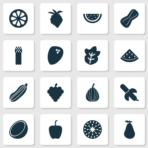 Їжа іконки, встановлені з тропічними фруктами, мандаринами, дині грунтові елементи. Ізольовані Векторні ілюстрації їжі піктограми . — стоковий вектор