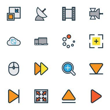 Büyüteç ile Ayarla satır renkli müzik simgeleri çıkarma, video ve diğer öğeleri başlar. İzole vektör illüstrasyon müzik simgeleri.