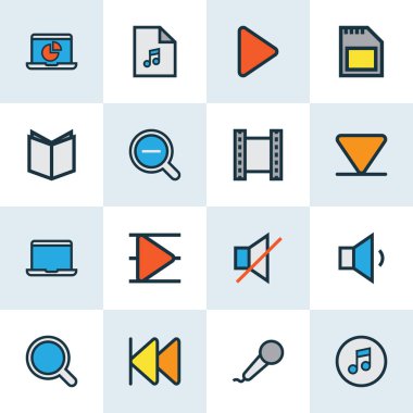 Medya Simgeler ders kitabı Ayarla satır renkte, çalma listesi ve diğer Büyüteç öğeleri, zoom. İzole vektör çizim medya simgeler.