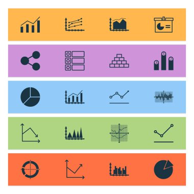 Grafikler, diyagramlar ve istatistik simgeleri kümesi. Kaliteli sembol koleksiyonu. Simgeler web, uygulama ve UI tasarımı için kullanılabilir.