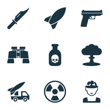 Ordu simgeler topçu, roka, bıçak ve diğer tehlikeli unsurlar ile ayarlayın. İzole vektör çizim ordu simgeler.