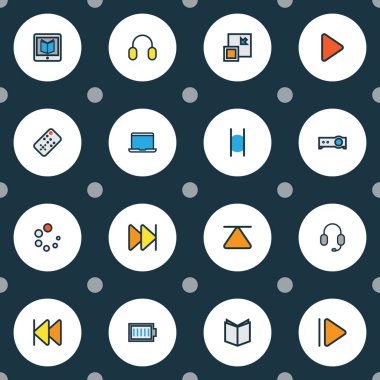 İleri ile Ayarla satır renkli medya simgeler en aza indirmek, uzak ve diğer denetleyicisi öğeleri. İzole illüstrasyon medya simgeler.